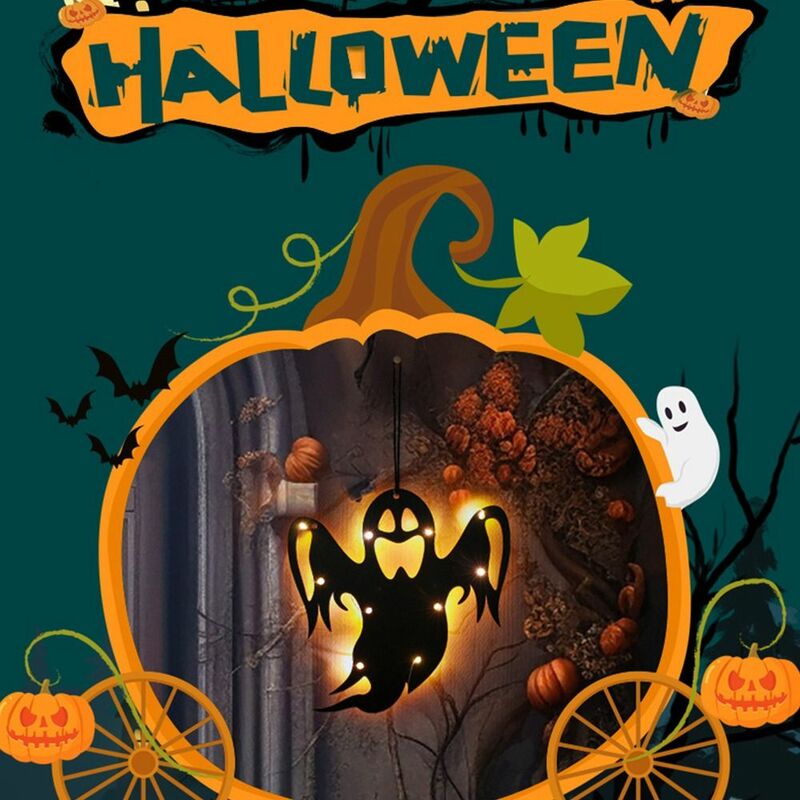 Cartello di benvenuto Halloween Hang Tag Light Spooky Witch Ghost Halloween Front Door Light Pendant Haunted House Prop