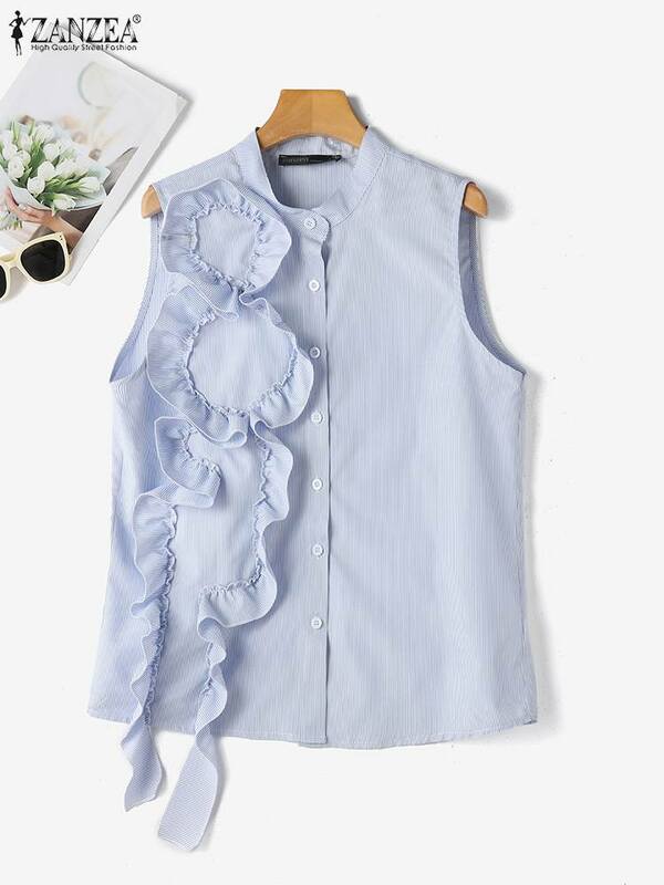 Zanzea Frauen Knöpfe Tops Chic Sommer Streifen Shirt koreanische Mode ärmellose Tank Camis Urlaub dimensionale Blume Blusas