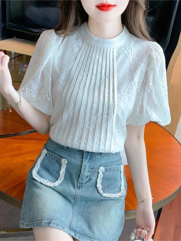 Puff Sleeve Summer Women Striped Loose O-neck Women Shirts Female Print Ladies Blouses Tops Solid Color Pullover Blouses