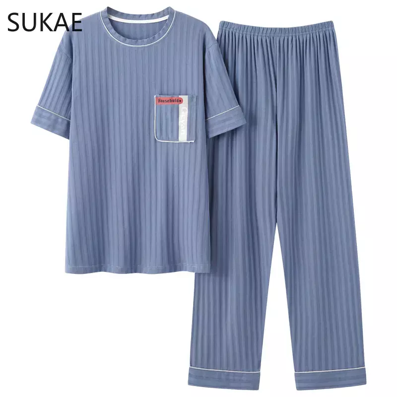 SUKAE Mens Pajamas Set Summer New O-neck Vest Shorts Knitted Faux Cotton Pijamas Leisure Loungewear Casual Bottoms Man Sleepwear