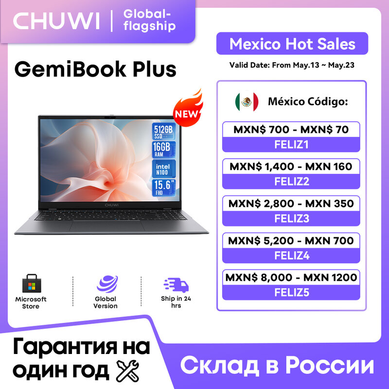 CHUWI 15.6 "GemiBook Plus Laptop Intel N100 grafika dla 12th Gen 16GB RAM 512GB SSD 1920*1080P z wentylatorem chłodzącym szyby 11