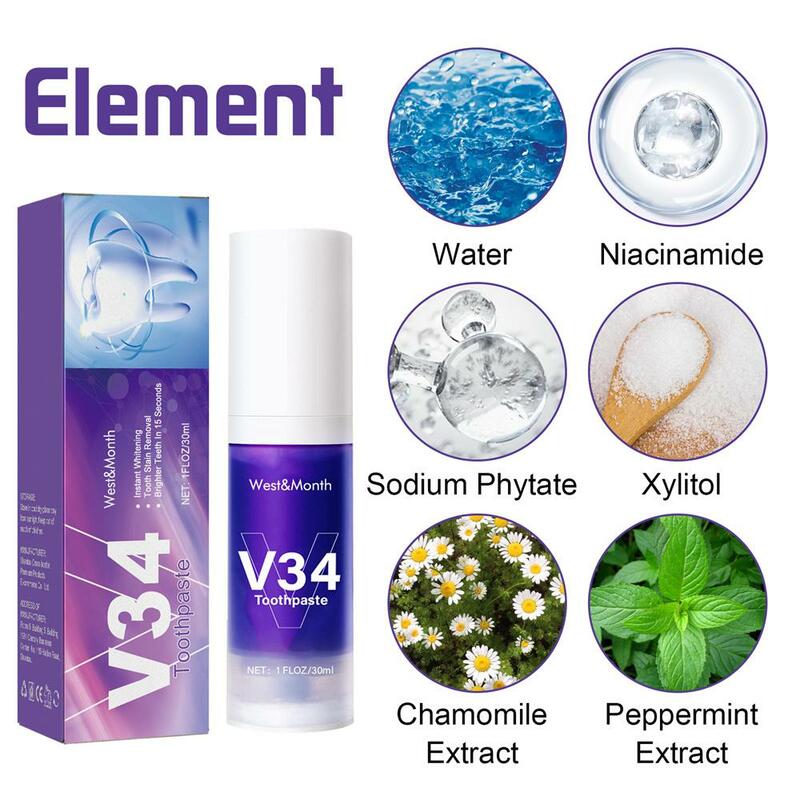 V34 Tooth Cleansing Mousse Purple Bottled Press Toothpaste Refreshes Breath Whitens Teeth Stains Removal Dental Cleansing 30ml