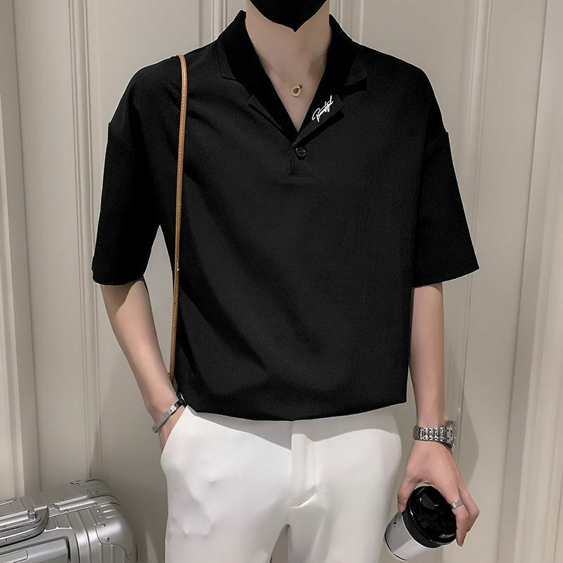 Camisa polo de manga curta de seda gelo masculina, botão de lapela sólido, camisa casual solta americana versátil, top simples de gola fina, verão