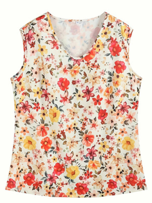 Plus Size Floral Print Tank Top, Casual V Neck Sleeveless Top For Summer, Women's Plus Size Clothing