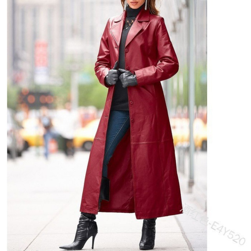 Manteau en cuir sans ceinture pour femme, manteau long, mince, survêtement, revers