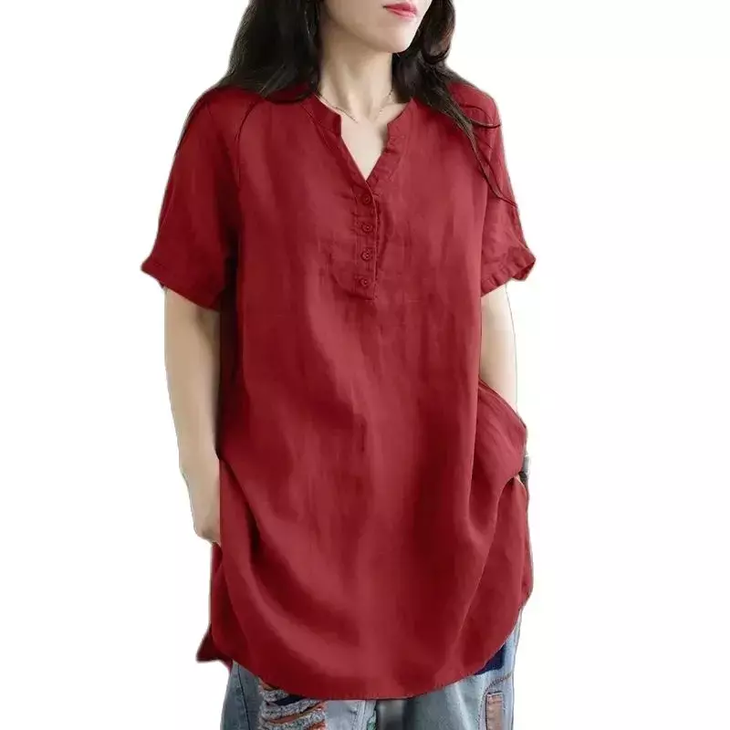 Camisa con cuello en V pequeño para mujer, blusa informal de un solo pecho, holgada y larga, de Color liso, 2024