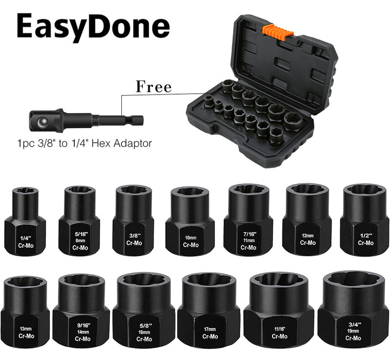 13Pieces Impact Bolt & Nut Remover Set Cr-Mo Steel Bolt Extractor Tool Set with Solid Storage Case for Industrial Drop Shipping