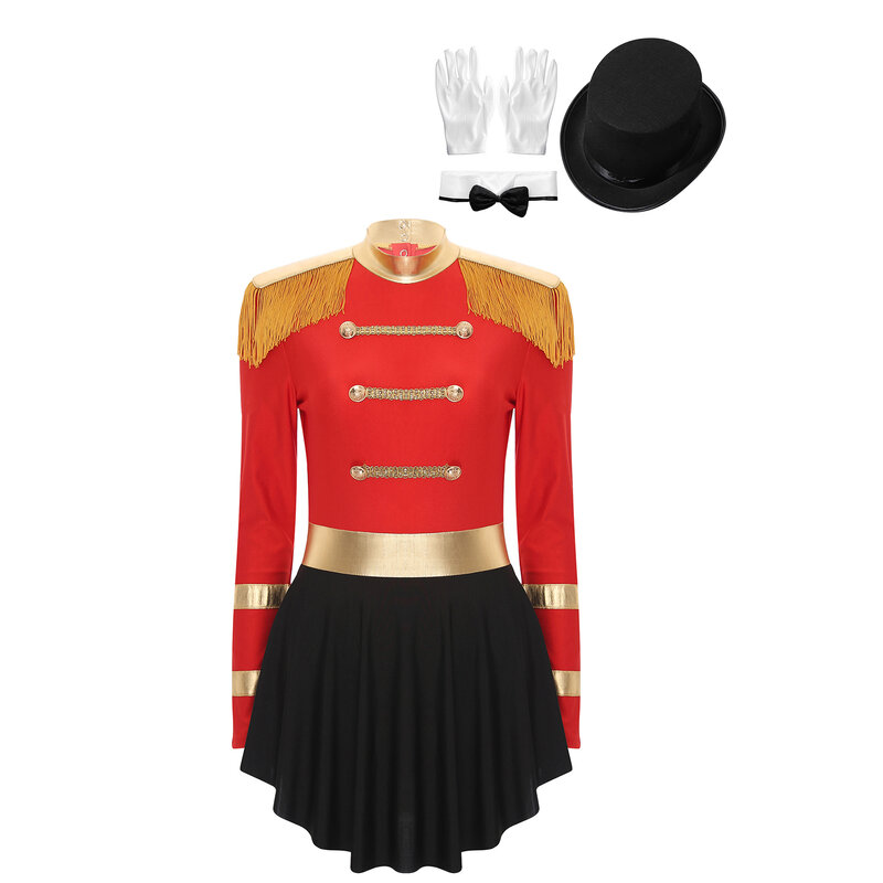 Womens Ringmaster Bodysuit Dress Fringe Shoulder Long Sleeve Leotard Dress Circus Outfits Halloween Cosplay Fancy Costumes