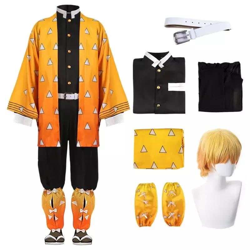 Anime Agatsuma Zenitsu Cosplay Costume Cosplay Uniform Cloak Wig Kimetsu No Yaiba Halloween Clothes for Kids Adult