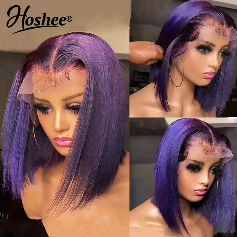 Peluca de cabello humano virgen brasileño predespuntado, Bob corto, corte Pixie, verde púrpura claro, 13x4, HD, encaje frontal transparente, a la venta