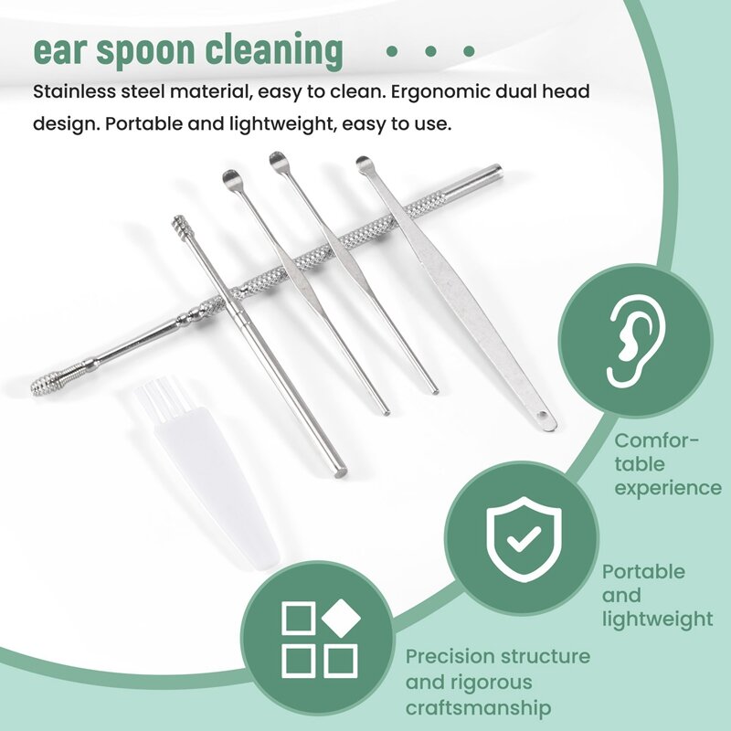 6Pcs Ear Pick Set Stainless Steel Earpick Ear Wax Curette Remover Ear Cleaner Spoon Spiral Ear Clean Tool With Case