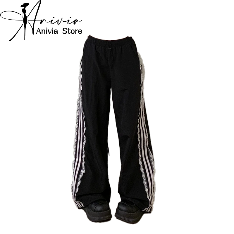 Damskie czarne gotyckie workowate spodnie w paski Vintage Oversize spodnie Y2k Streetwear koreańskie spodnie spadochronowe Harajuku 2000s ubrania