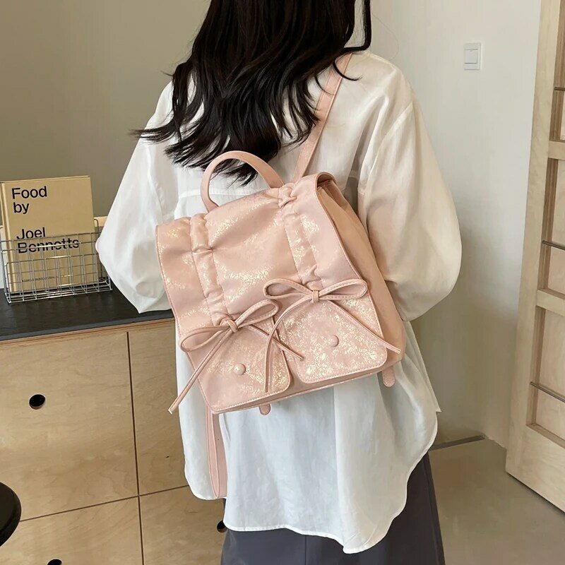 Женские маленькие рюкзаки из искусственной кожи с бантом, летний модный однотонный рюкзак в Корейском стиле Y2K, женские Серебристые рюкзаки, 2024