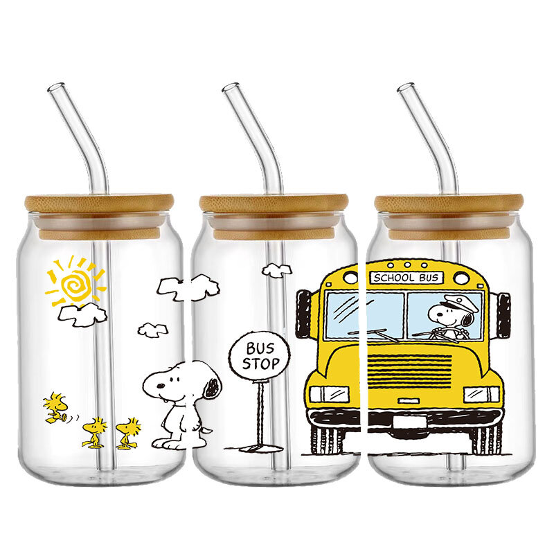 Cartoon Fashion Snoopy 16OZ UV DTF Cup Wraps Transfer Sticker For Glass Libbey Can Bottle Selfadhesive Washable DIY Custom