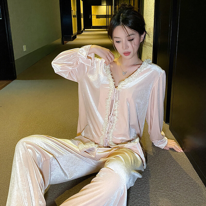 Franse Stijl Fluwelen Pyjama Set Elegante Kanten Trim Nachtkleding Pyjama Pour Femme Herfst Velours Losse Dames Homewear Nachtkleding