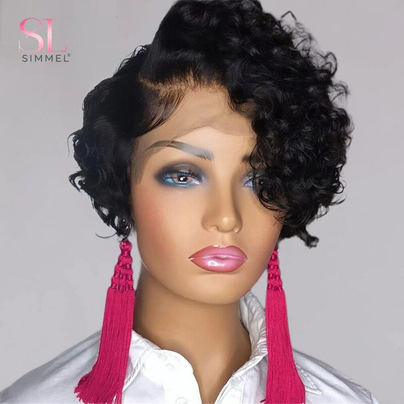 Pixie Cut Wig Short Bob Curly Human Hair Wigs 13X1 Transparent Lace Natural Color Water Wave Human Hair Wigs On Sale Clearance