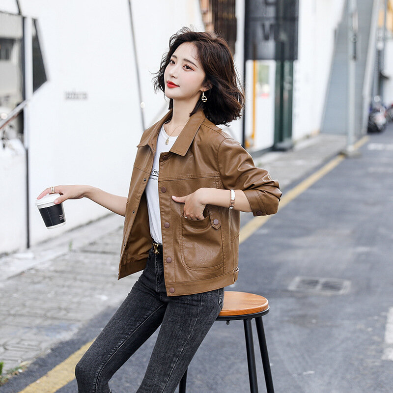 Весна-осень, модное корейское пальто из овчины, новинка 2024, облегающее короткое мотоциклетное кожаное пальто из потертой кожи