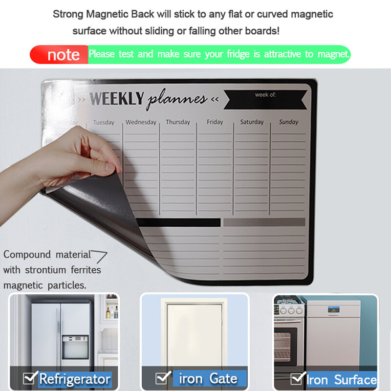 Tableau blanc magnétique avec calendrier mensuel, sashu pour notes, autocollants de réfrigérateur, effaçable à sec pour mur