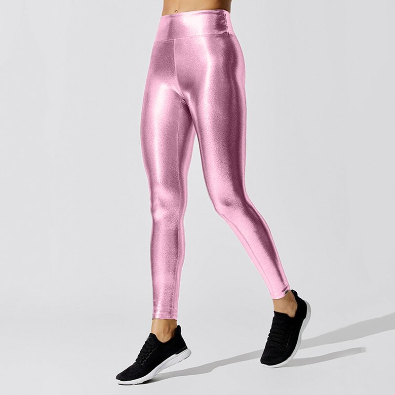 กางเกงโยคะเอวสูงสีเมทัลลิกแวววาวสำหรับผู้หญิงกางเกงเลกกิ้งกีฬา Y2k
