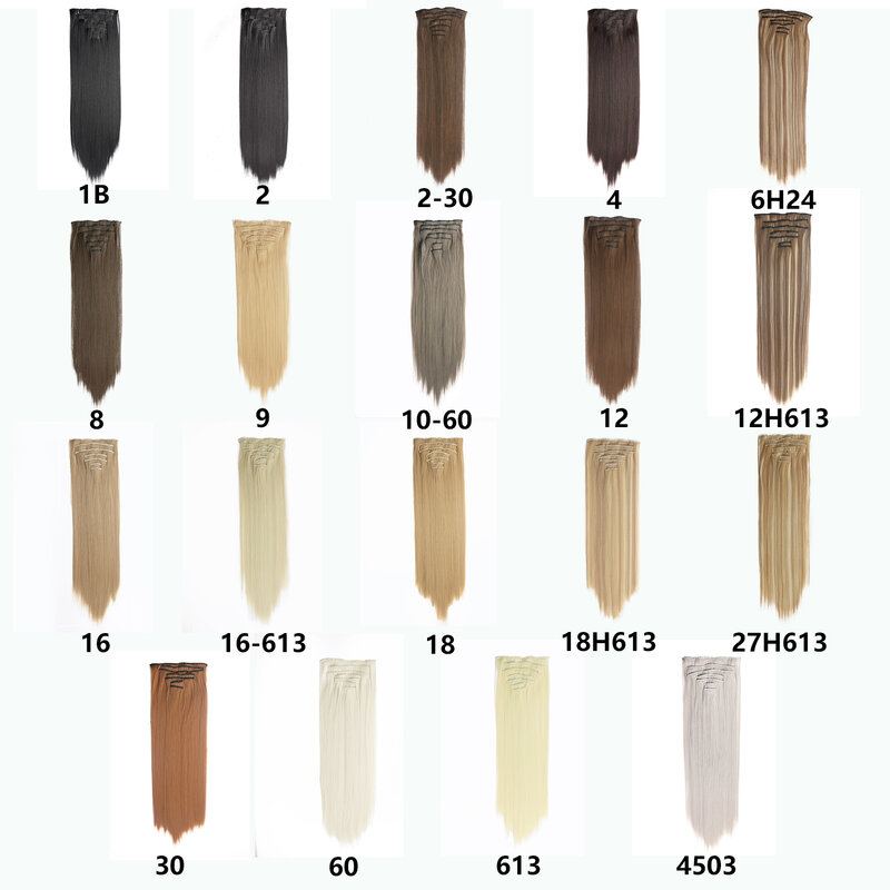 Clipes sintéticos retos longos em extensões de cabelo para mulheres, fibra de alta temperatura, preto, marrom, loiro, hairpiece, 7pcs, conjunto