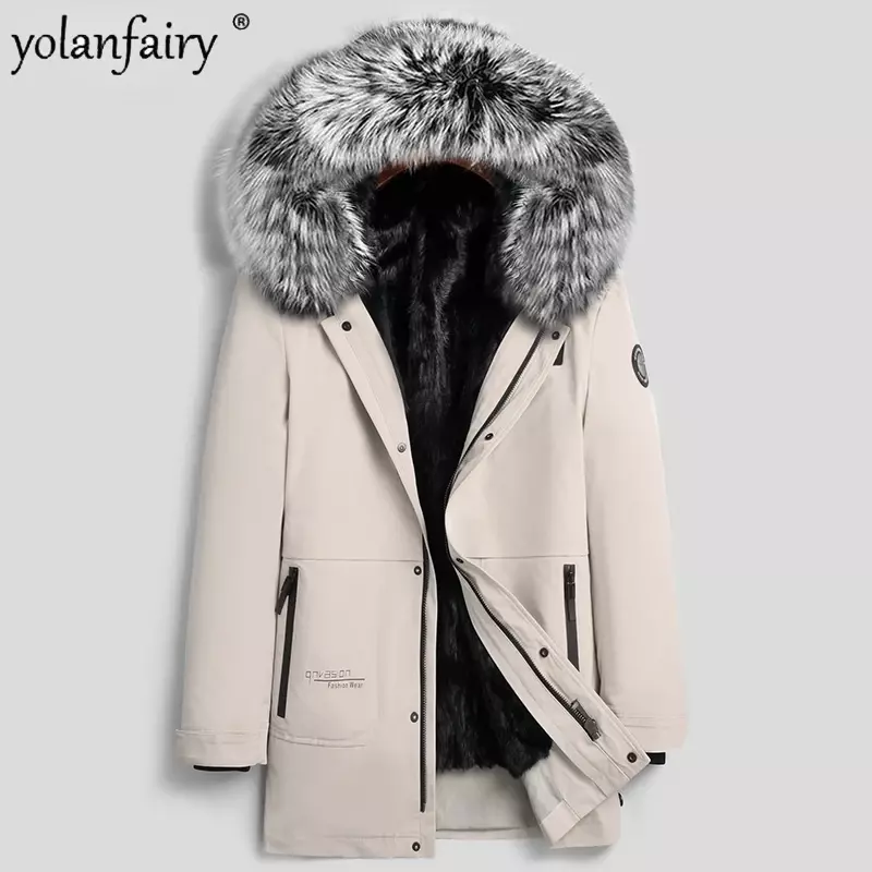 Casaco de vison de pele real masculino, jaqueta Parka, forro quente, capuz médio, casacos e jaquetas de inverno masculinos, roupa grossa, FC, novo