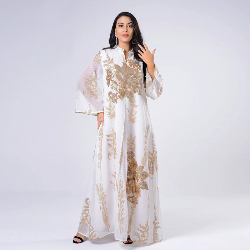Vestido largo musulmán de hilo bordado de perlas doradas de Oriente Medio para mujer, vestidos de noche para mujer, conjuntos musulmanes