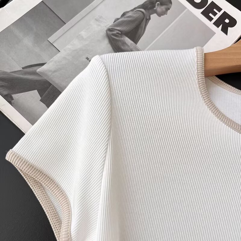 Maxducti girocollo Rbbed maglia a maniche corte Top Summer Tshirt Woment Nordic minimalista con codice colore T-shir lavorato a maglia