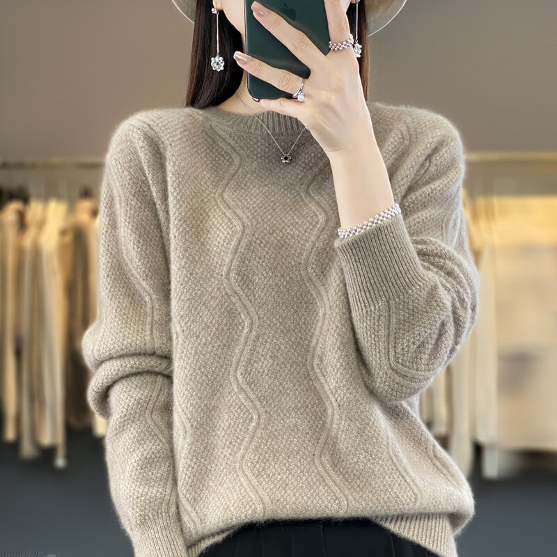 100% Merino wool cashmere women's sweater O-neck long-sleeved pullover autumn and winter pullover padded top