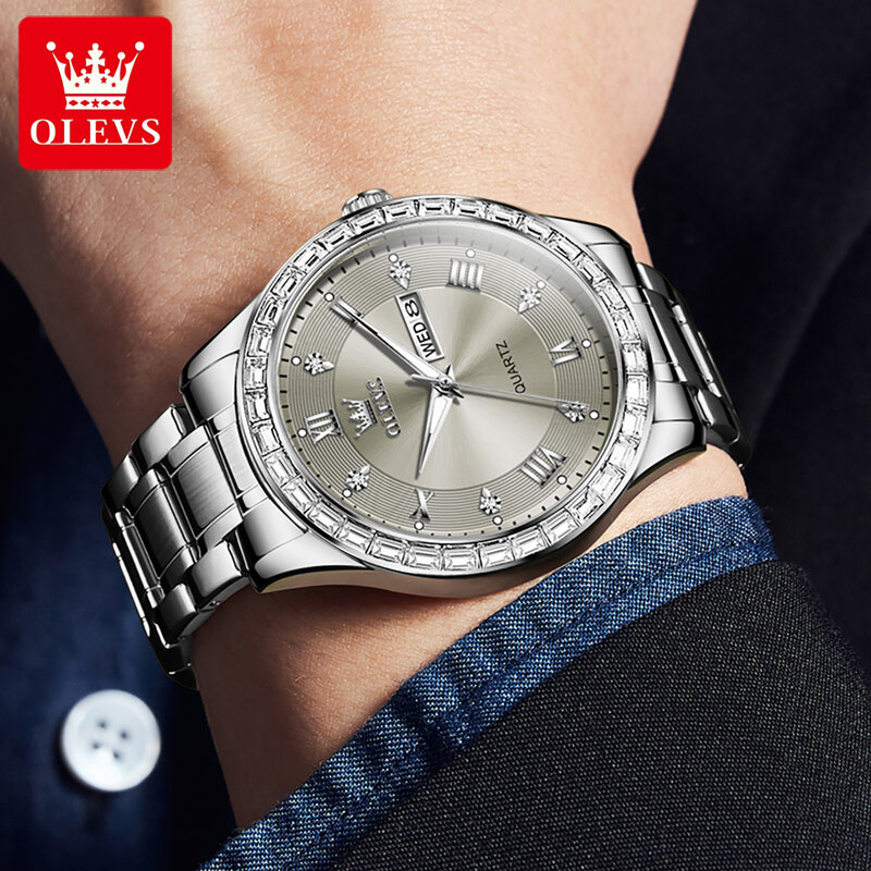 OLEVS 남성용 럭셔리 다이아몬드 디자인 쿼츠 시계, 스테인레스 스틸, 방수 발광 주간 날짜 패션