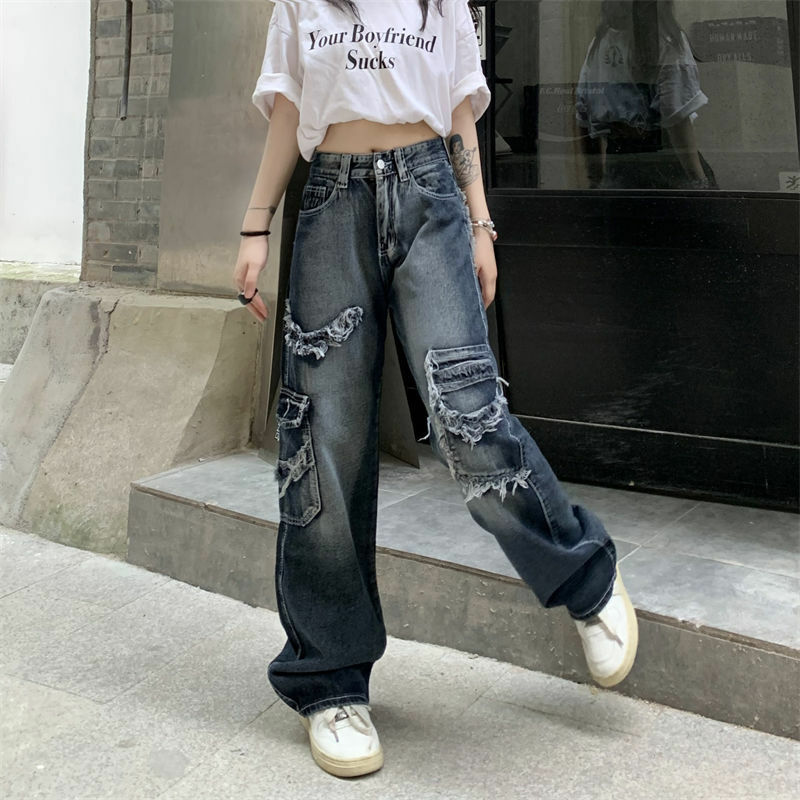 Jeans Cargo Longgar Pakaian Jalanan Y2K Antik Wanita Celana Kaki Lebar Lurus Pinggang Tinggi Celana Panjang Denim Pakaian LG Grunge Peri
