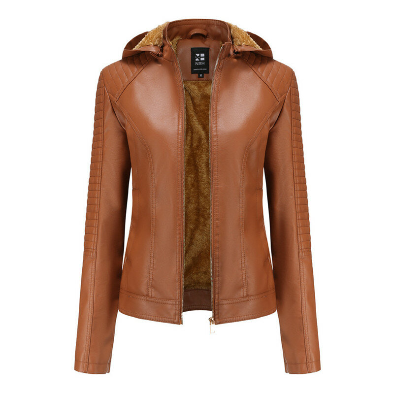 UHYTGF-Chaqueta de cuero sintético para mujer, abrigo corto de felpa con capucha desmontable, estilo Punk, talla grande, para otoño e invierno, 416
