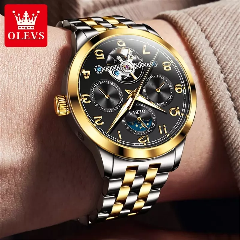 OLEVS relógio mecânico impermeável para homens, 7018, oco, luxo, automático, mostrador numérico, relógio de pulso, data automática, original