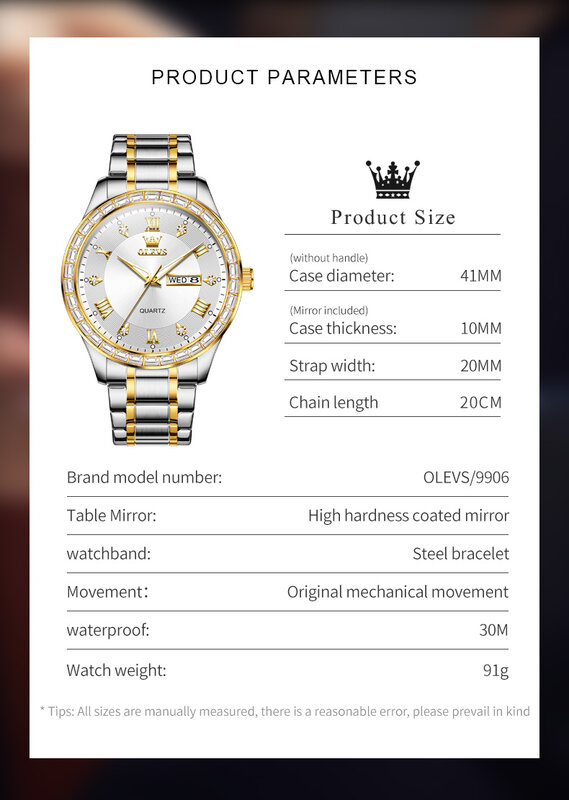 メンズクォーツ時計,高級ステンレススチール腕時計,耐水性,デュアルカレンダー,OLEVS-9906