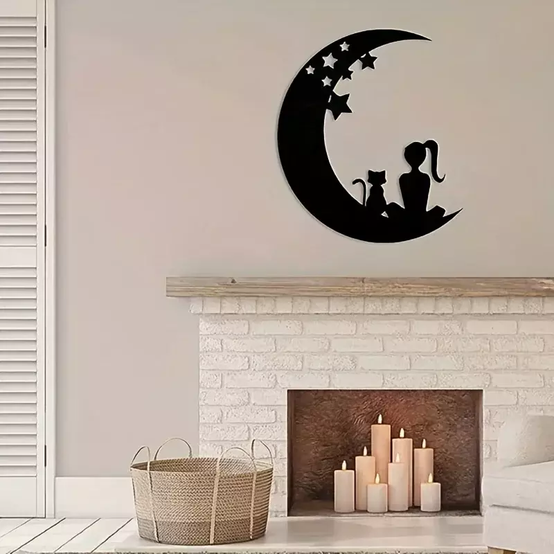 Arte de pared de Metal de gato y Luna, decoración moderna del hogar, escultura de pared de gato lindo, regalo