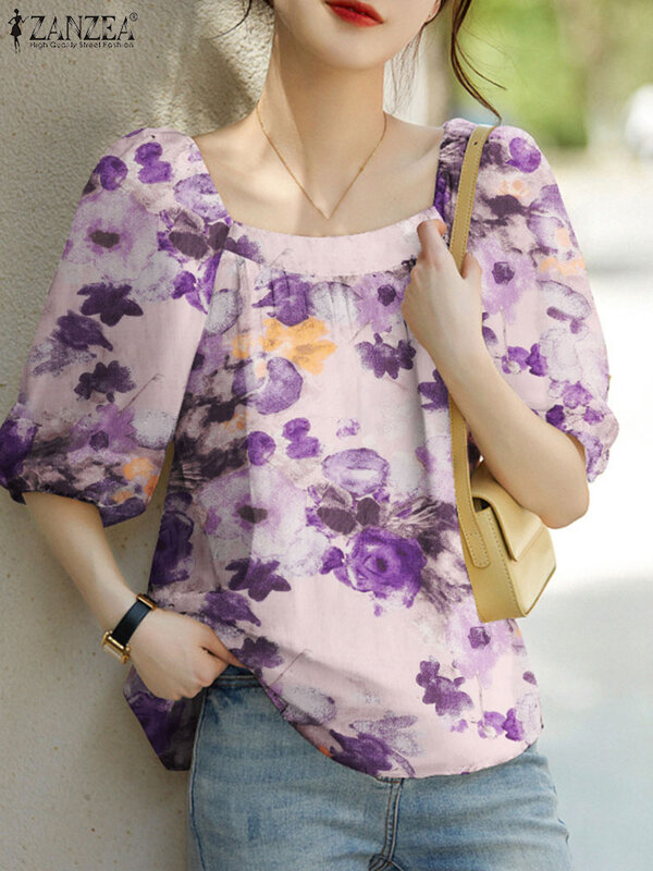 ZANZEA-blusa coreana com estampa floral feminina, top de gola quadrada, meia manga folhada, túnica boêmia, camisa solta casual, verão, 2024