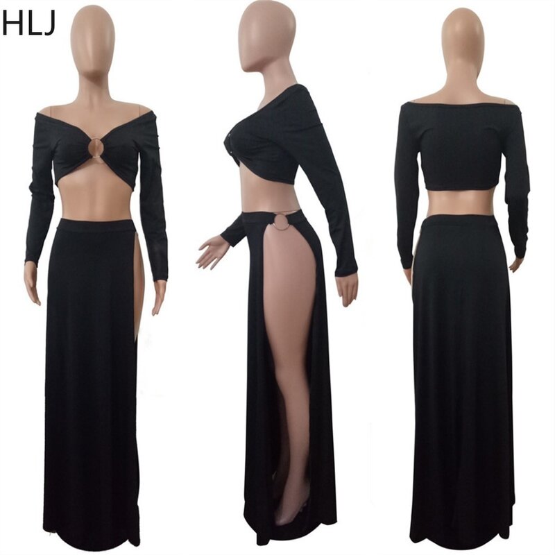 HLJ-Conjunto de dos piezas para mujer, Top corto de manga larga con hombros descubiertos y falda con abertura lateral alta, Color negro y liso