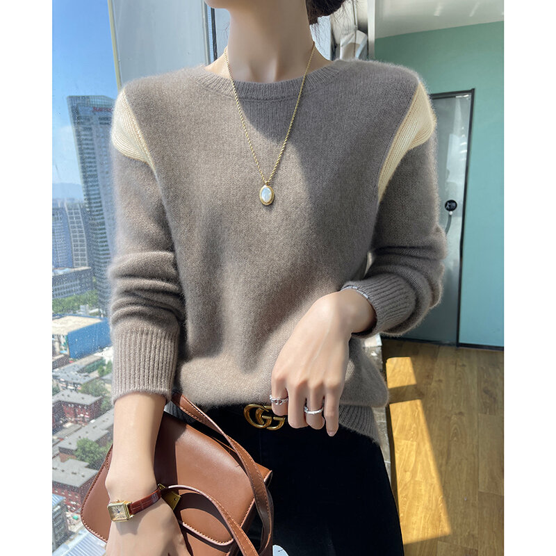 Round Neck 100% Merino Wool Sweater For Women's Autumn Winter Color Contrast Thickened And Warm High-Quality Loose Cashmere Knit