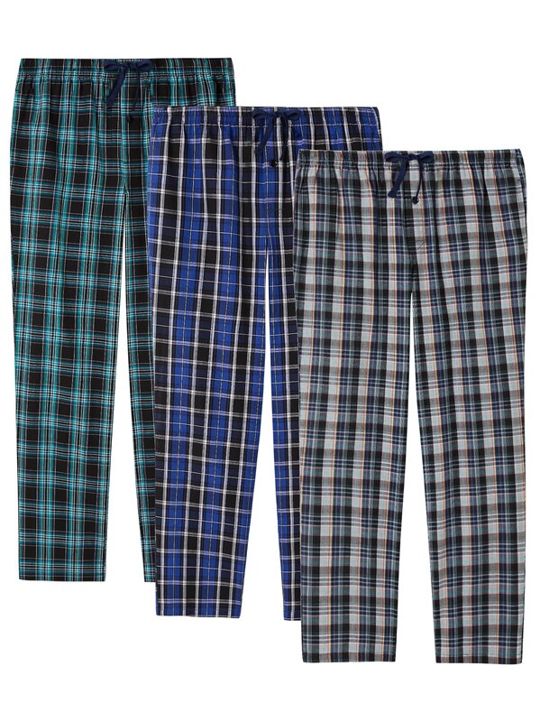 JupiterSecret 3 stks/set katoenen geruite slaap-en loungebroeken voor heren, pyjamabroek met zakken voor het hele seizoen