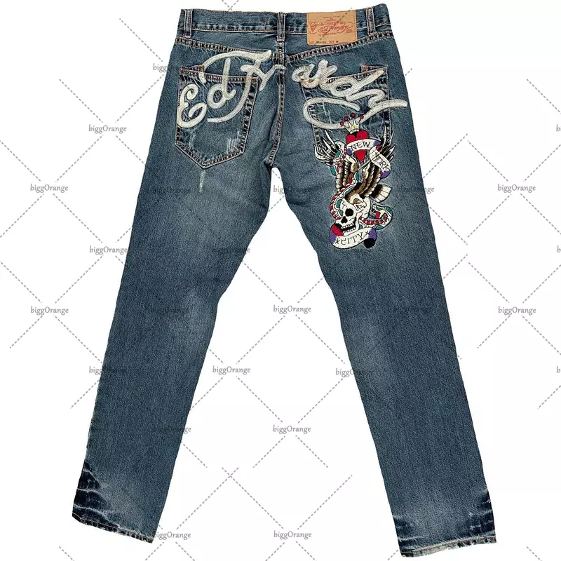 Calça jeans de rua estampada masculina, Y2K, hip-hop, cintura alta, reta, retrô, solta, de perna larga, calça jeans, europeia e americana