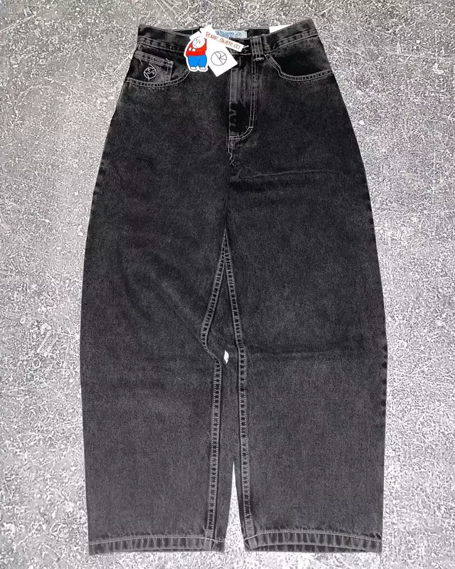 Harajuku Hip Hop Cartoon Graphic Embroidery Baggy Jeans Big Boy Jeans Y2K Black Pants Mens Womens New High Waist Wide Trousers