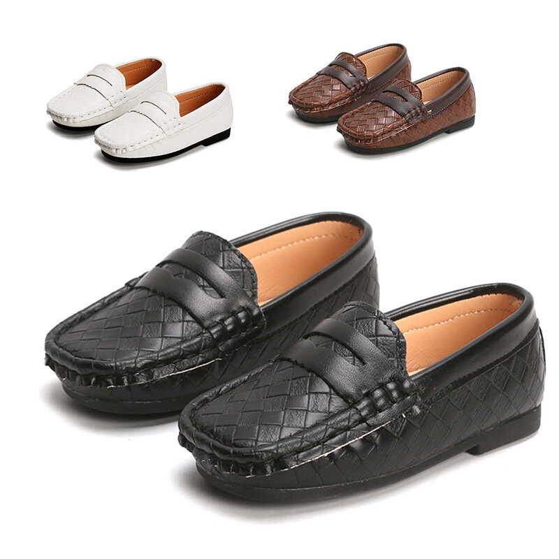 حذاء موكاسين من الجلد الأسود للأولاد والبنات ، حذاء كاجوال للطلاب ، حذاء موكاسين مطاطي