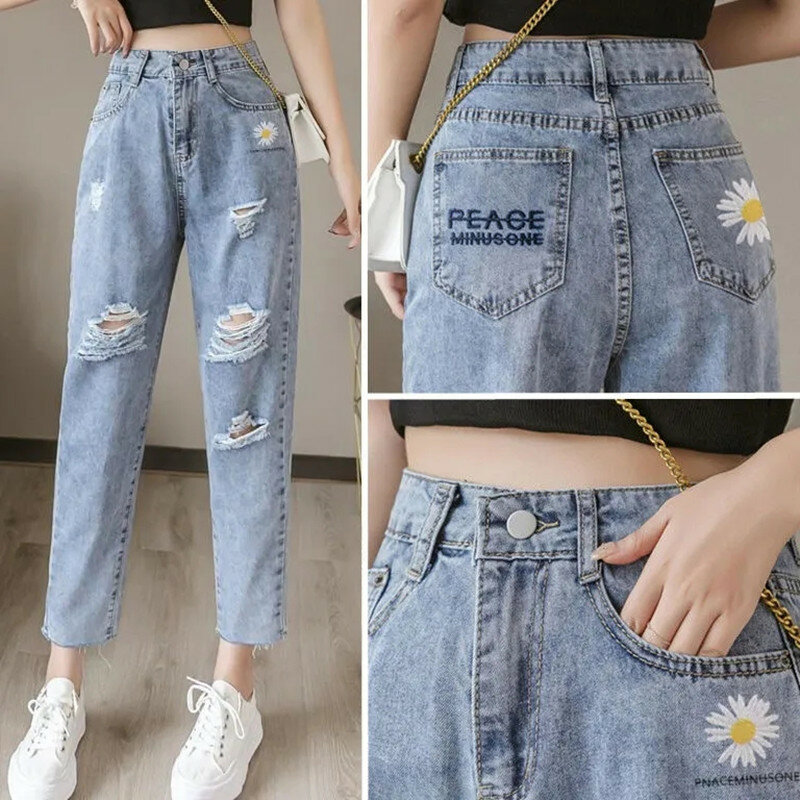 Letnie haftowane stokrotki porwane jeansy damskie z wysokim stanem proste nogawki cienkie spodnie z luźna przycięta BF 2023 Streetwear