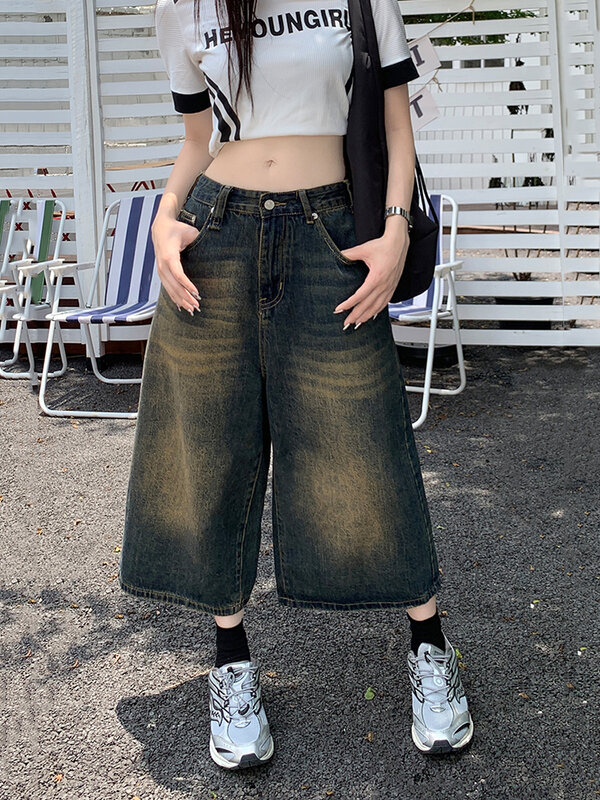 QWEEK Vintage Baggy Y2K Jorts Women Streetwear Wide Leg Knee Length Jeans Harajuku Casual Oversize Washed Denim Shorts Summer