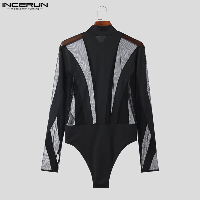 INCERUN Sexy Fashion Style Men's Jumpsuits Splice See-through Mesh Rompers Casual Party Shows Thimble Long Sleeve Bodysuit S-5XL