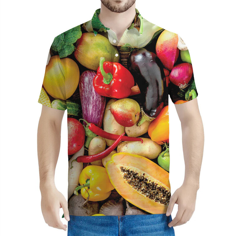 เสื้อโปโลลายผักผลไม้สำหรับผู้ชาย, เสื้อโปโลแขนสั้นพิมพ์ลาย3D เสื้อลำลองกระดุมแนวสตรีทเสื้อโอเวอร์ไซส์ฤดูร้อน