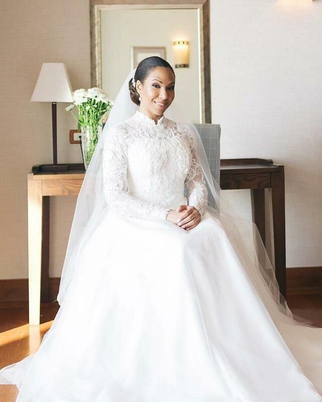 Gaun pernikahan Muslim gaun pengantin pernikahan berlipat khusus Lengan Panjang ekor gaun pengantin renda A Line leher tinggi