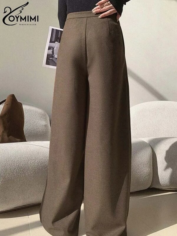 Oymimi-Pantalon droit marron pour femme avec poches, bouton large, monochromatique, élégant, mode, fjOffice Lady, printemps, nouveau