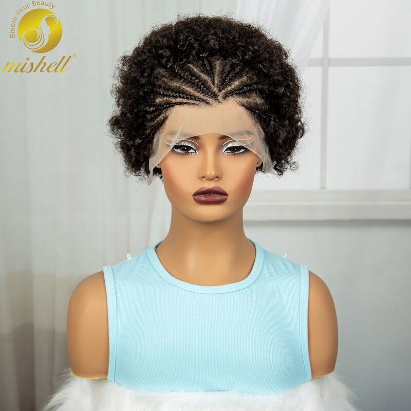 Perruques de cheveux humains afro crépus bouclés avec tresses pour femmes, dentelle transparente HD, perruque courte rebondisnoyaux, densité 250%, 13x4, 6 po