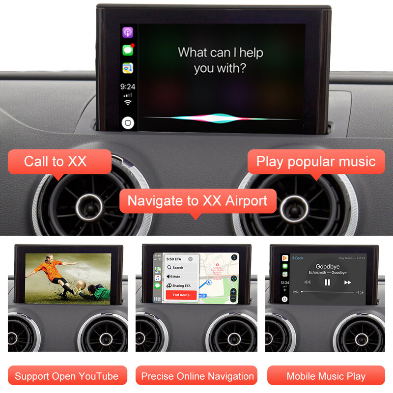 جهاز فك الترميز التلقائي اللاسلكي من Apple CarPlay يعمل بنظام الأندرويد لسيارات أودي A3 2013-2018 مع موصل مرآة AirPlay مشغل للسيارة كاميرا خلفية USB HDMI BT