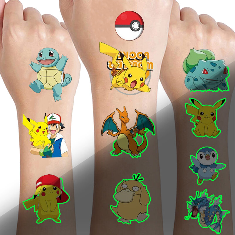 Pokemon tato bercahaya untuk anak-anak, stiker tato sementara gaya Pikachu, Persediaan pesta menyala untuk anak laki-laki dan perempuan